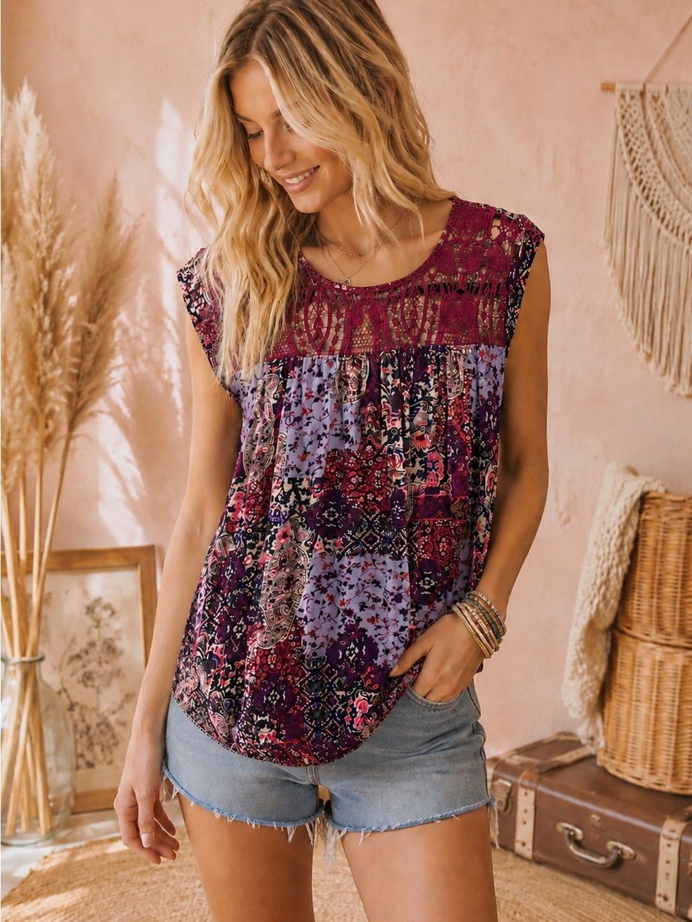 Maurices Maroon and Lavender Boho Crochet Yoke Camisole